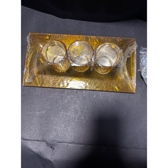 3 Piece Gold Color Glass Tealight Candle Holder Set On Rectangular Tray Stones - Picture 3 of 7